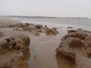 Rochers sculptés par l'érosion sur une plage du parc national de Souss-Massa, au Maroc.